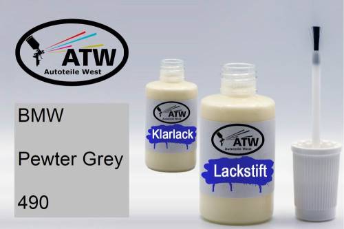 BMW, Pewter Grey, 490: 20ml Lackstift + 20ml Klarlack - Set, von ATW Autoteile West.